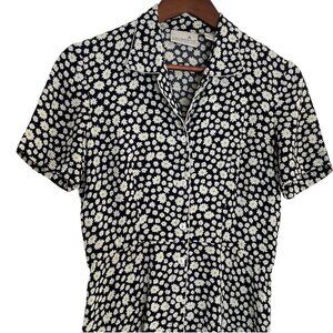 Vintage 90s Liz Claiborne Maxi Shirt Dress 6P 6 Petite Black Daisy Ditsy Floral